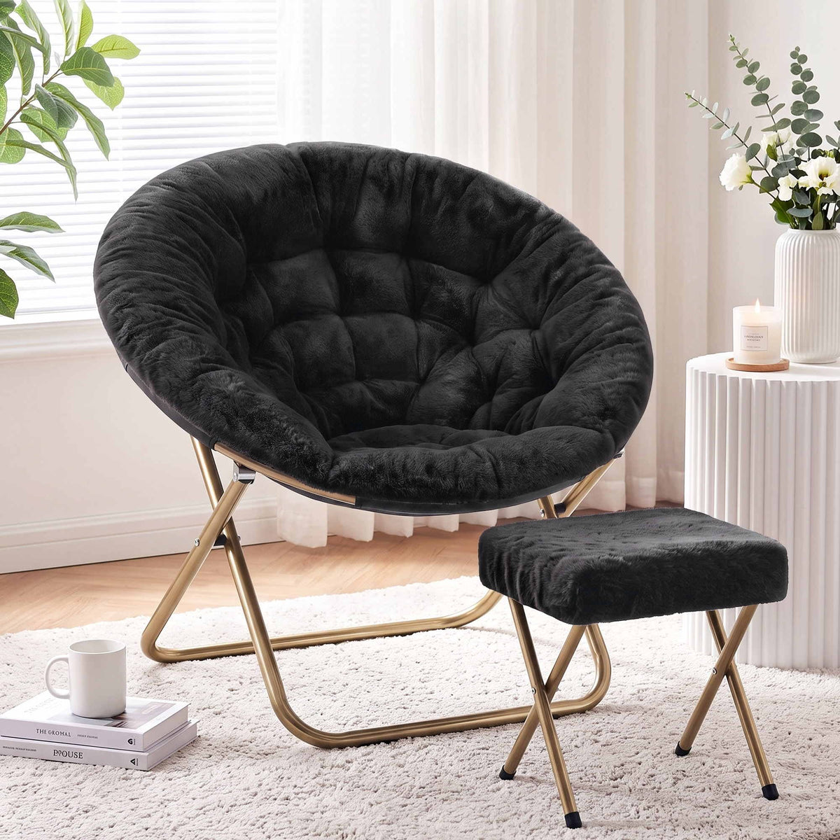 Artiss Comfy Saucer Chair Soft Faux Fur Foldable Accent Chair with Ottoman Black Artiss