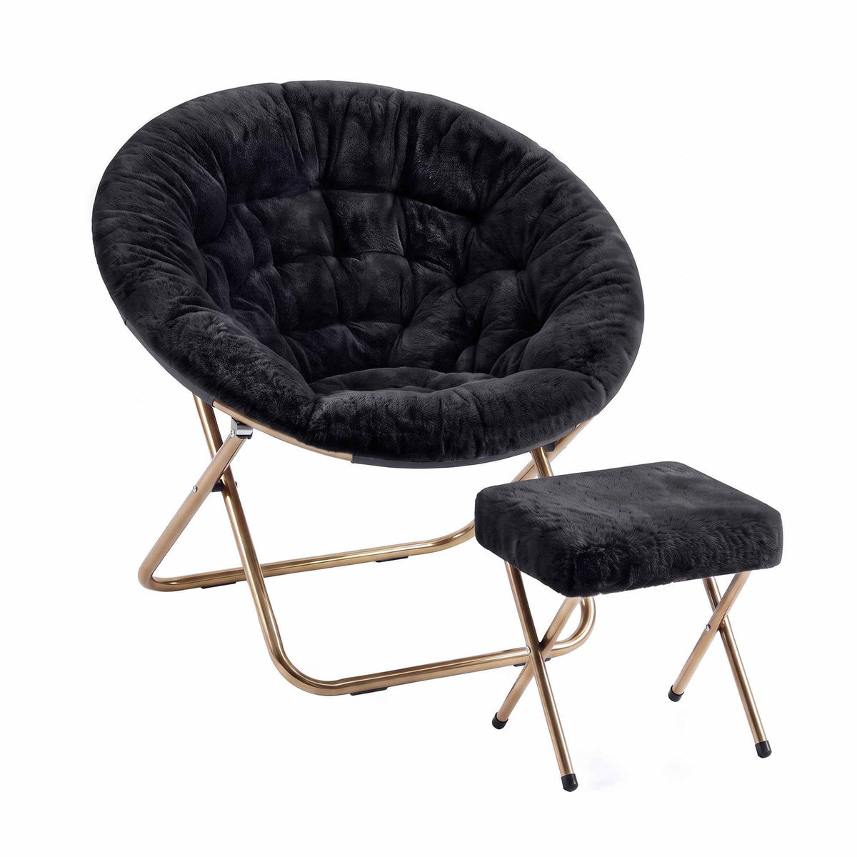 Artiss Comfy Saucer Chair Soft Faux Fur Foldable Accent Chair with Ottoman Black Artiss