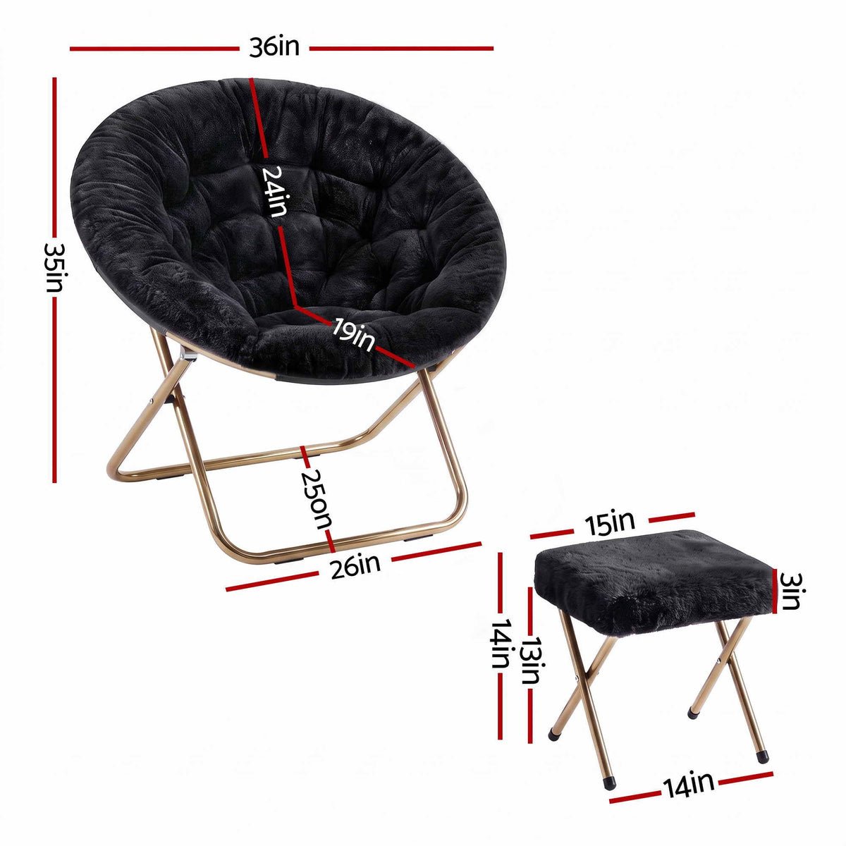 Artiss Comfy Saucer Chair Soft Faux Fur Foldable Accent Chair with Ottoman Black Artiss