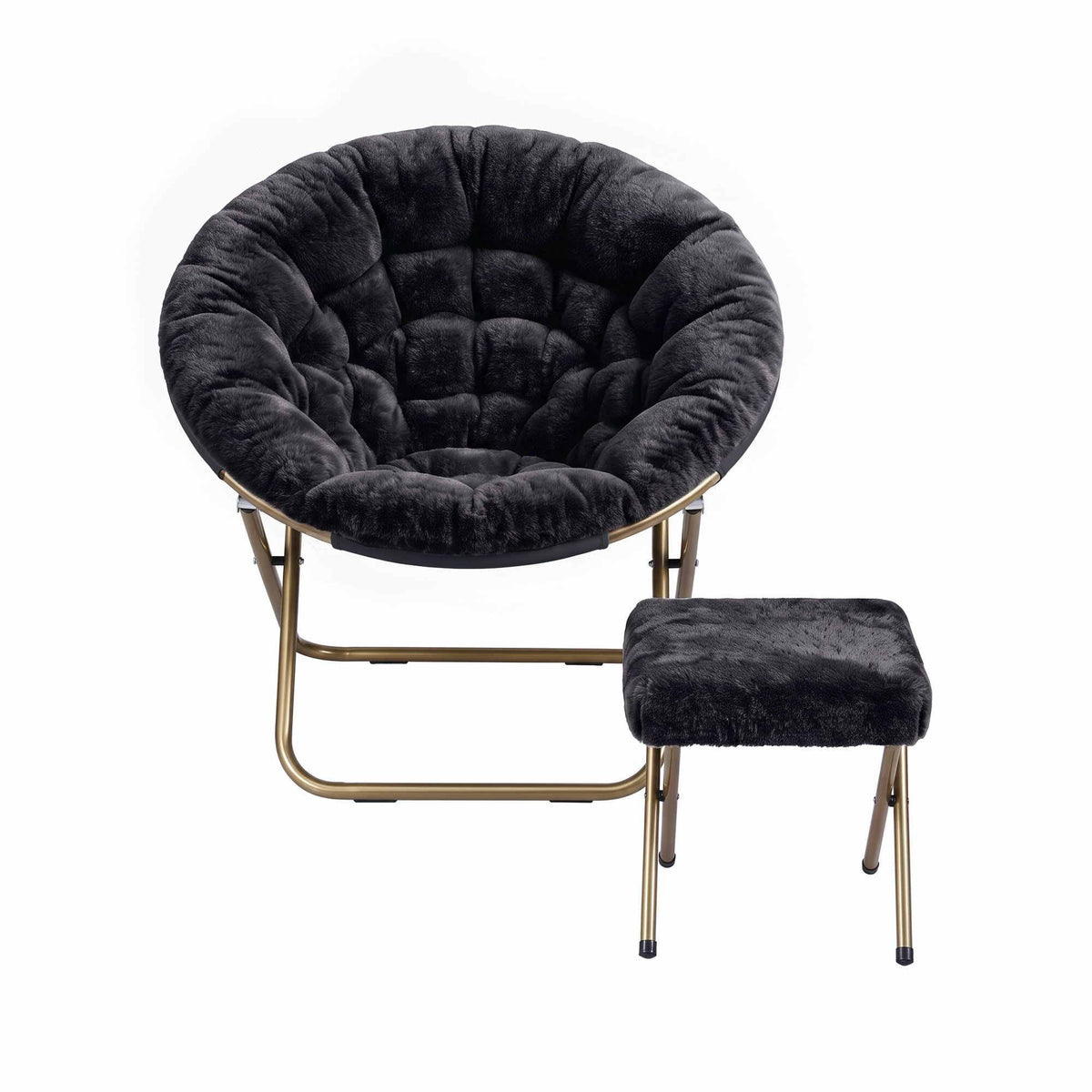Artiss Comfy Saucer Chair Soft Faux Fur Foldable Accent Chair with Ottoman Black Artiss