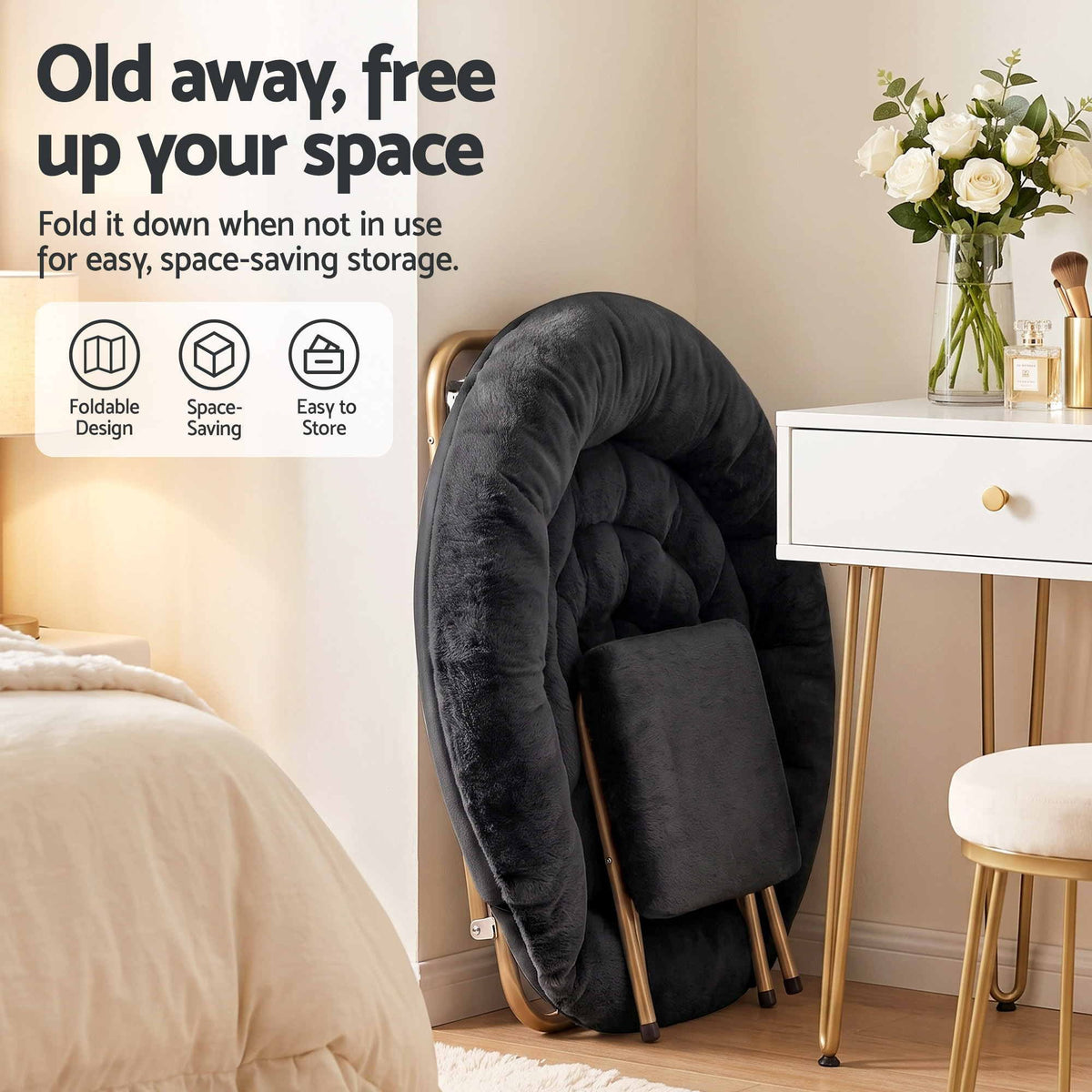 Artiss Comfy Saucer Chair Soft Faux Fur Foldable Accent Chair with Ottoman Black Artiss