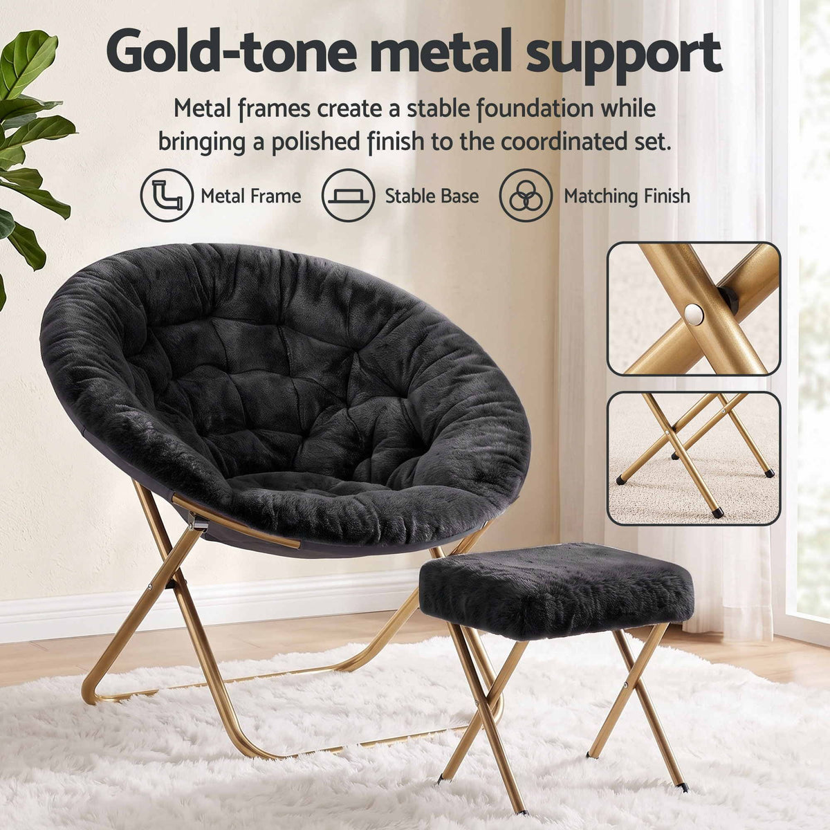 Artiss Comfy Saucer Chair Soft Faux Fur Foldable Accent Chair with Ottoman Black Artiss