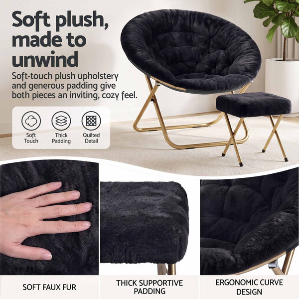 Artiss Comfy Saucer Chair Soft Faux Fur Foldable Accent Chair with Ottoman Black Artiss