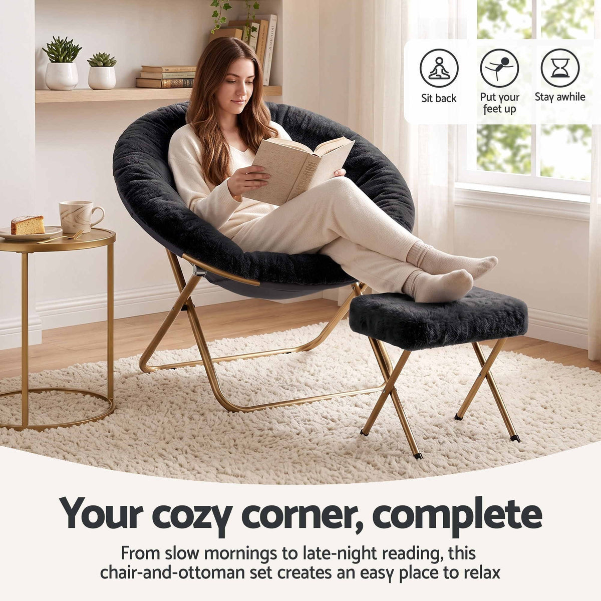 Artiss Comfy Saucer Chair Soft Faux Fur Foldable Accent Chair with Ottoman Black Artiss