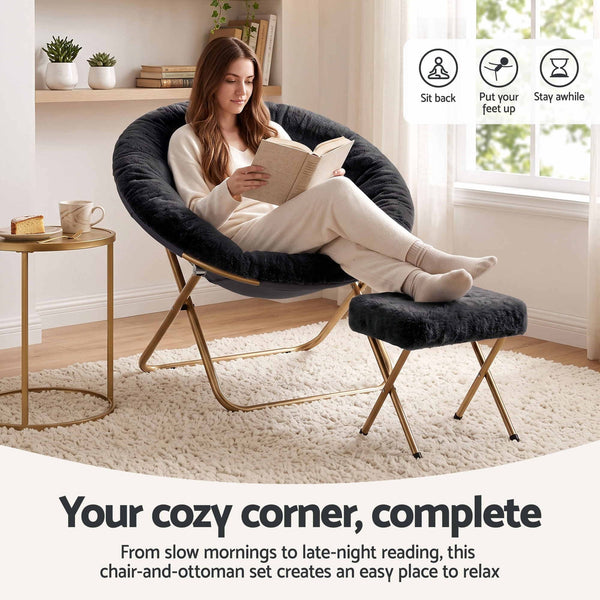 Artiss Comfy Saucer Chair Soft Faux Fur Foldable Accent Chair with Ottoman Black Artiss