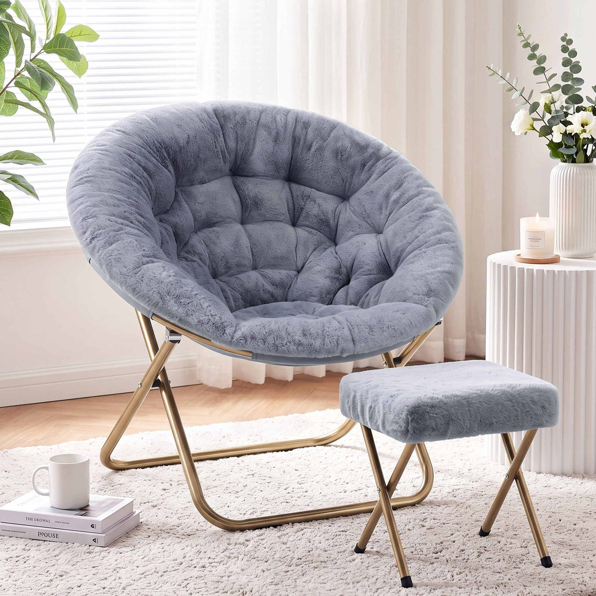 Artiss Comfy Saucer Chair Soft Faux Fur Foldable Accent Chair with Ottoman Grey Artiss