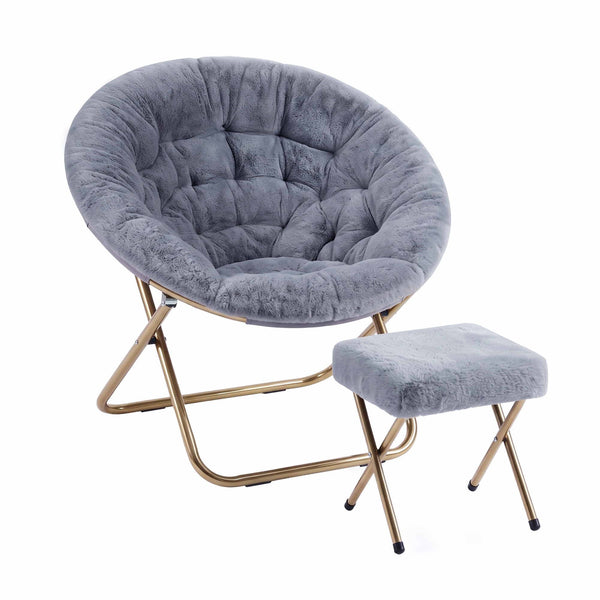 Artiss Comfy Saucer Chair Soft Faux Fur Foldable Accent Chair with Ottoman Grey Artiss