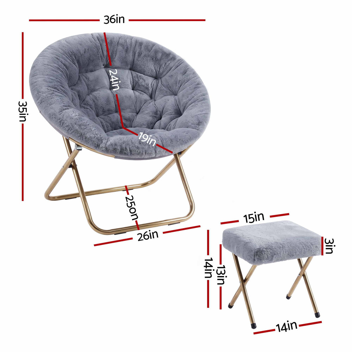 Artiss Comfy Saucer Chair Soft Faux Fur Foldable Accent Chair with Ottoman Grey Artiss