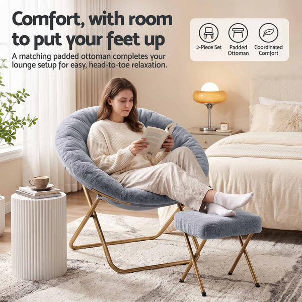 Artiss Comfy Saucer Chair Soft Faux Fur Foldable Accent Chair with Ottoman Grey Artiss