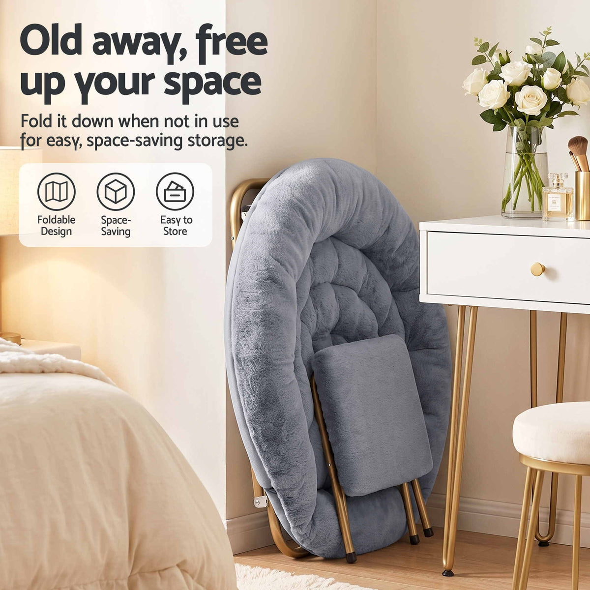 Artiss Comfy Saucer Chair Soft Faux Fur Foldable Accent Chair with Ottoman Grey Artiss