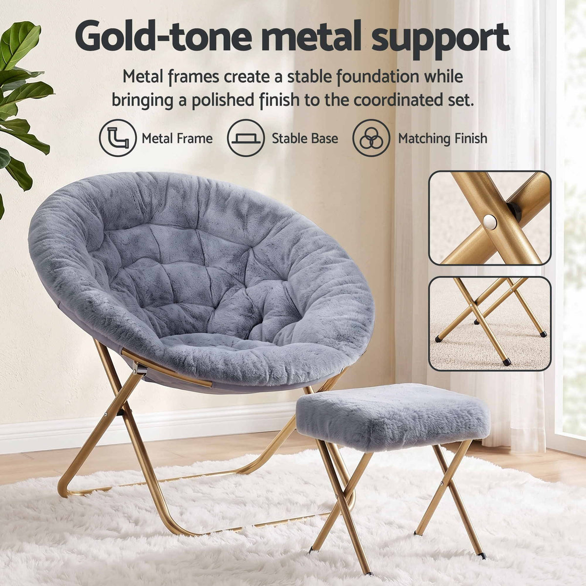 Artiss Comfy Saucer Chair Soft Faux Fur Foldable Accent Chair with Ottoman Grey Artiss