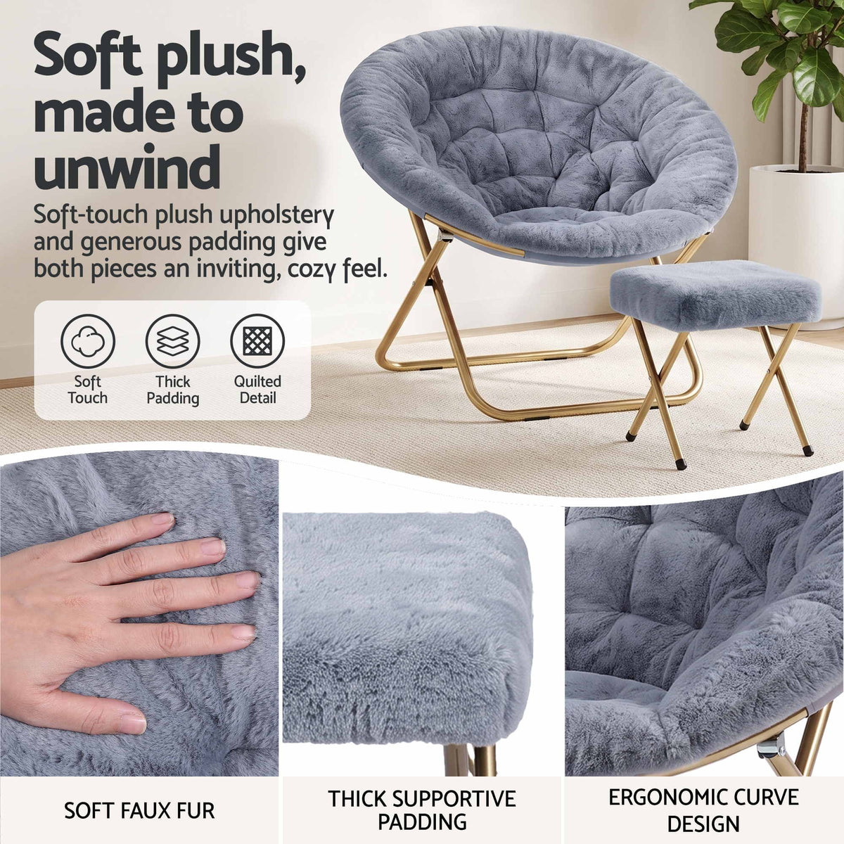 Artiss Comfy Saucer Chair Soft Faux Fur Foldable Accent Chair with Ottoman Grey Artiss