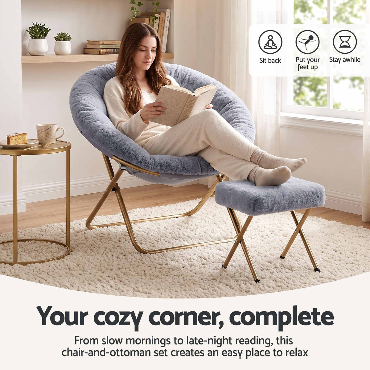 Artiss Comfy Saucer Chair Soft Faux Fur Foldable Accent Chair with Ottoman Grey Artiss