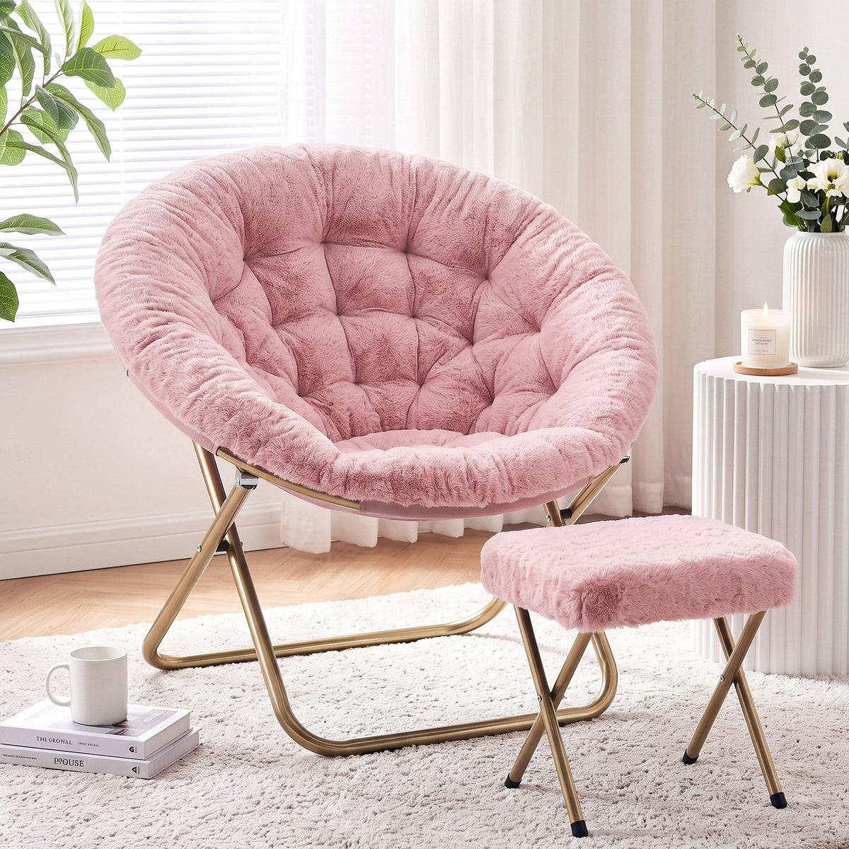 Artiss Comfy Saucer Chair Soft Faux Fur Foldable Accent Chair with Ottoman Pink Artiss