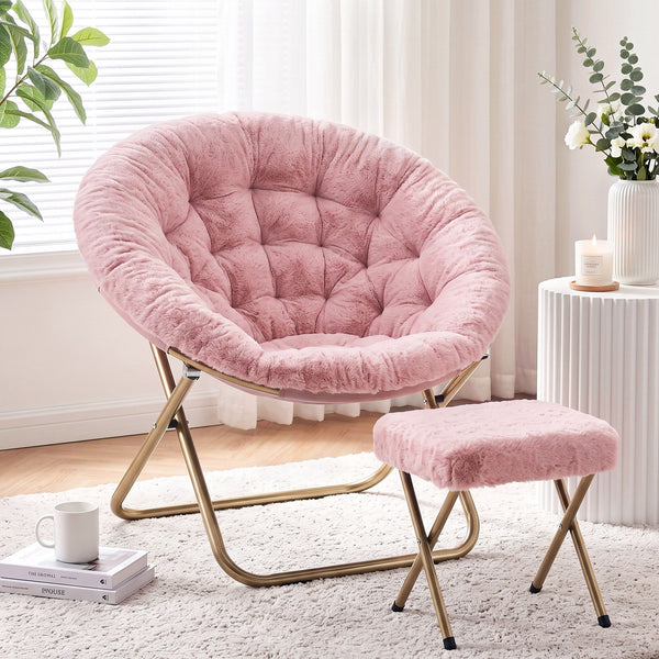 Artiss Comfy Saucer Chair Soft Faux Fur Foldable Accent Chair with Ottoman Pink Artiss