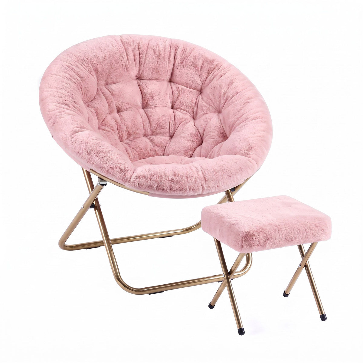 Artiss Comfy Saucer Chair Soft Faux Fur Foldable Accent Chair with Ottoman Pink Artiss