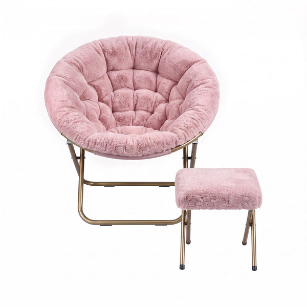 Artiss Comfy Saucer Chair Soft Faux Fur Foldable Accent Chair with Ottoman Pink Artiss