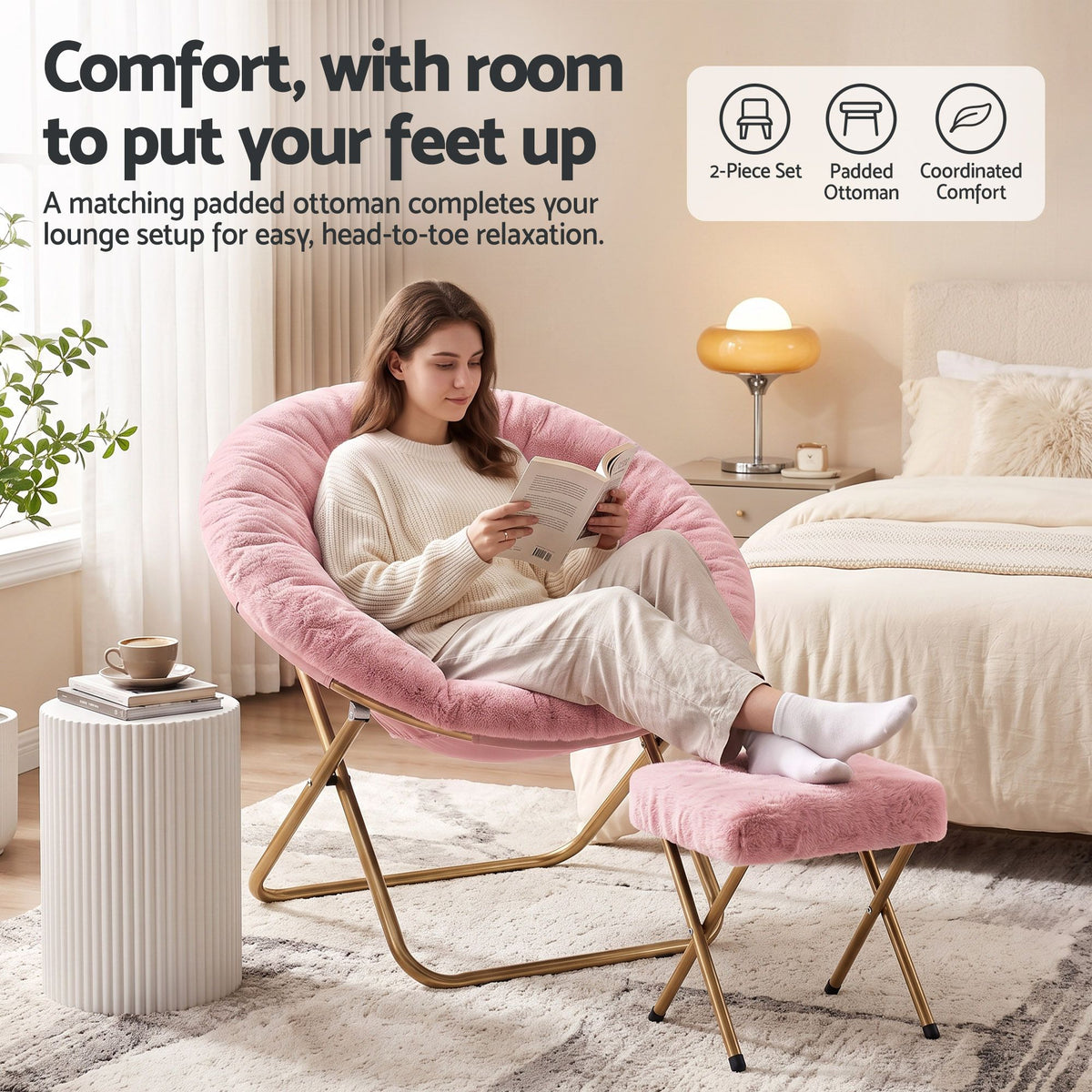 Artiss Comfy Saucer Chair Soft Faux Fur Foldable Accent Chair with Ottoman Pink Artiss