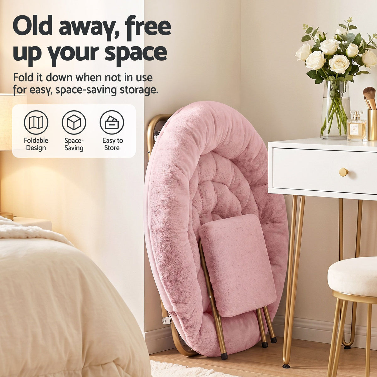 Artiss Comfy Saucer Chair Soft Faux Fur Foldable Accent Chair with Ottoman Pink Artiss