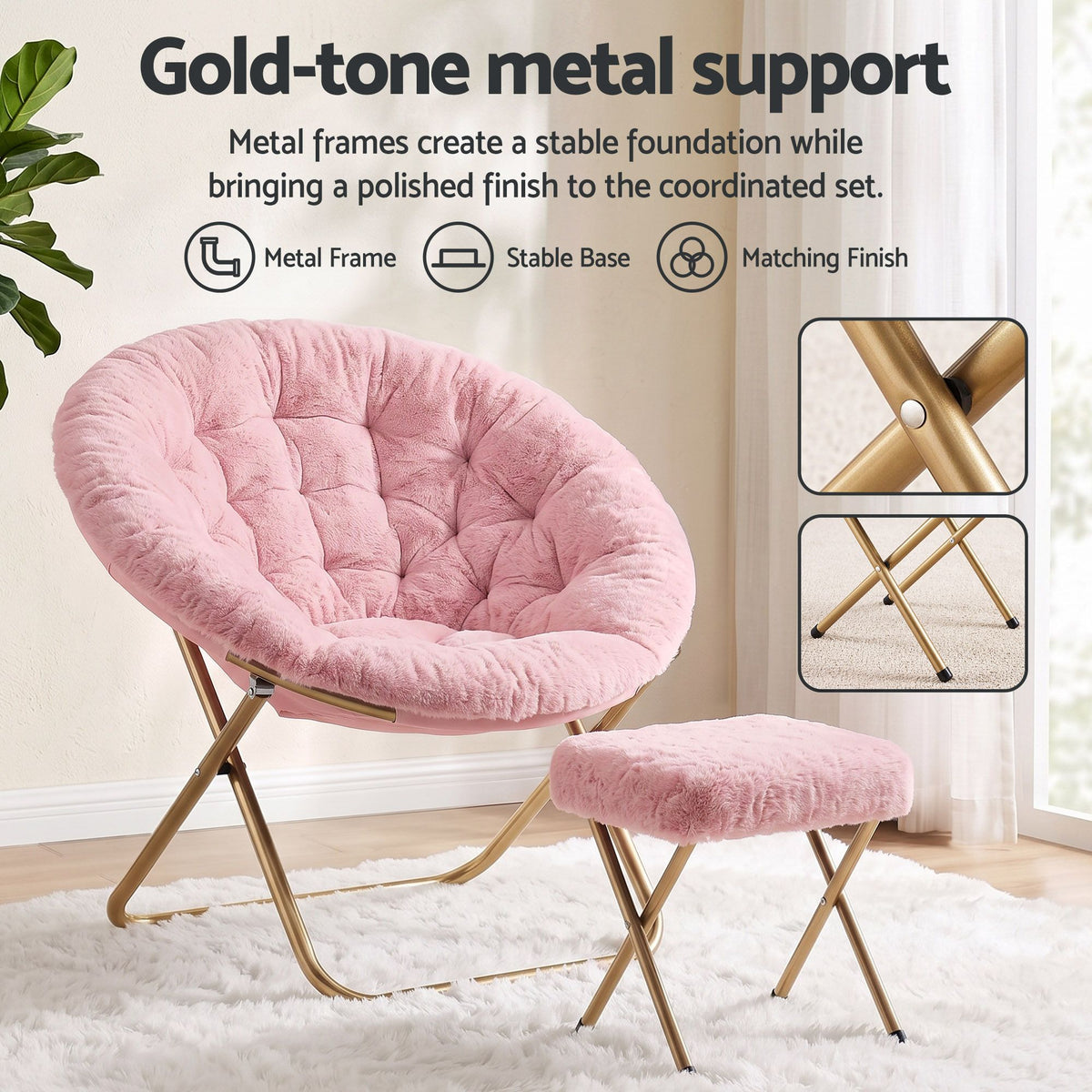Artiss Comfy Saucer Chair Soft Faux Fur Foldable Accent Chair with Ottoman Pink Artiss