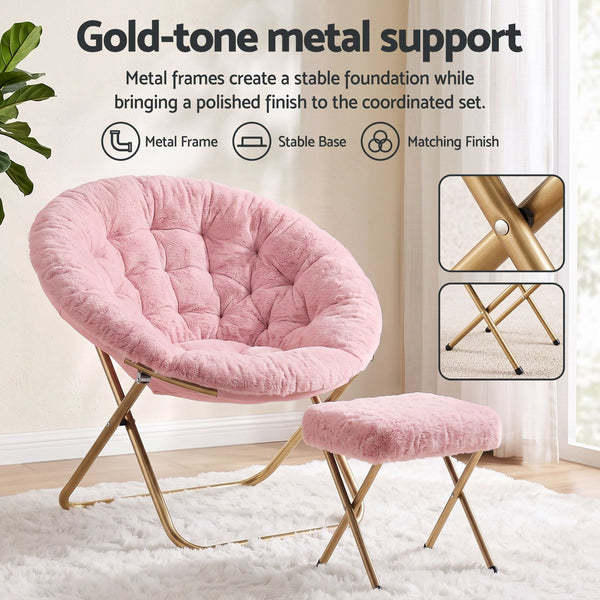 Artiss Comfy Saucer Chair Soft Faux Fur Foldable Accent Chair with Ottoman Pink Artiss