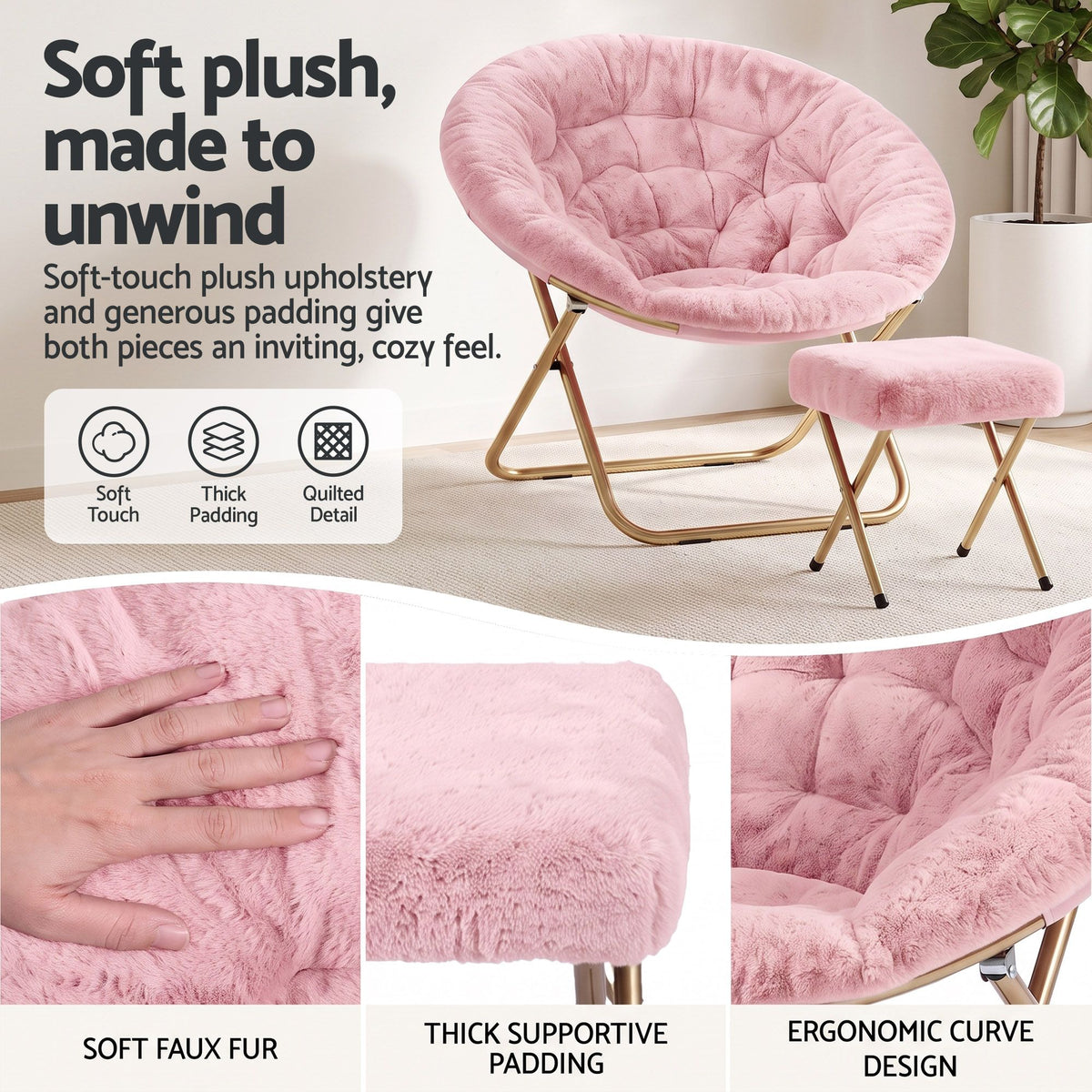 Artiss Comfy Saucer Chair Soft Faux Fur Foldable Accent Chair with Ottoman Pink Artiss