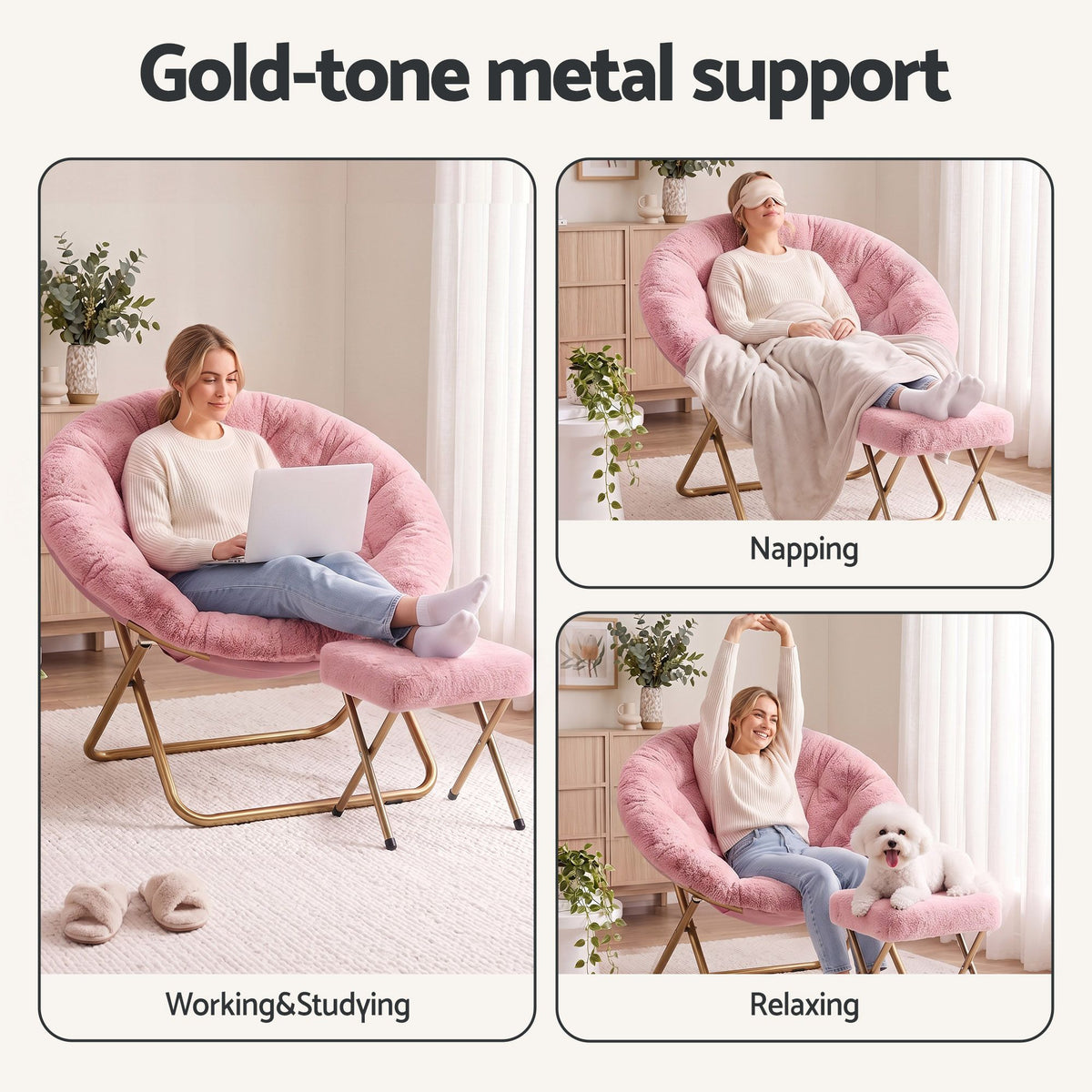 Artiss Comfy Saucer Chair Soft Faux Fur Foldable Accent Chair with Ottoman Pink Artiss