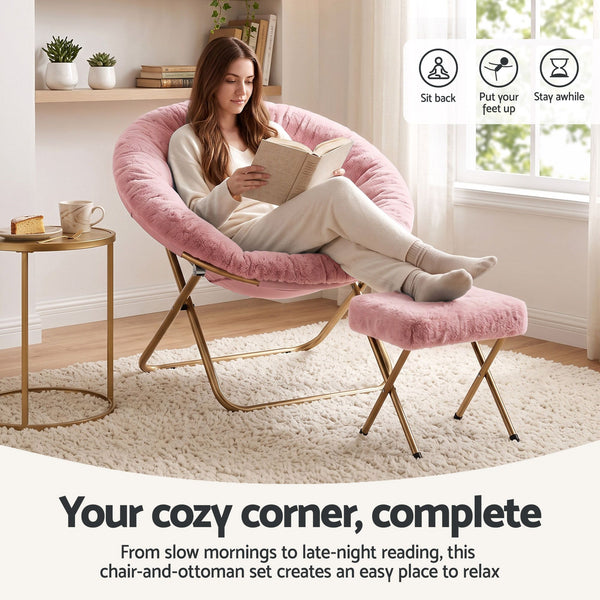 Artiss Comfy Saucer Chair Soft Faux Fur Foldable Accent Chair with Ottoman Pink Artiss