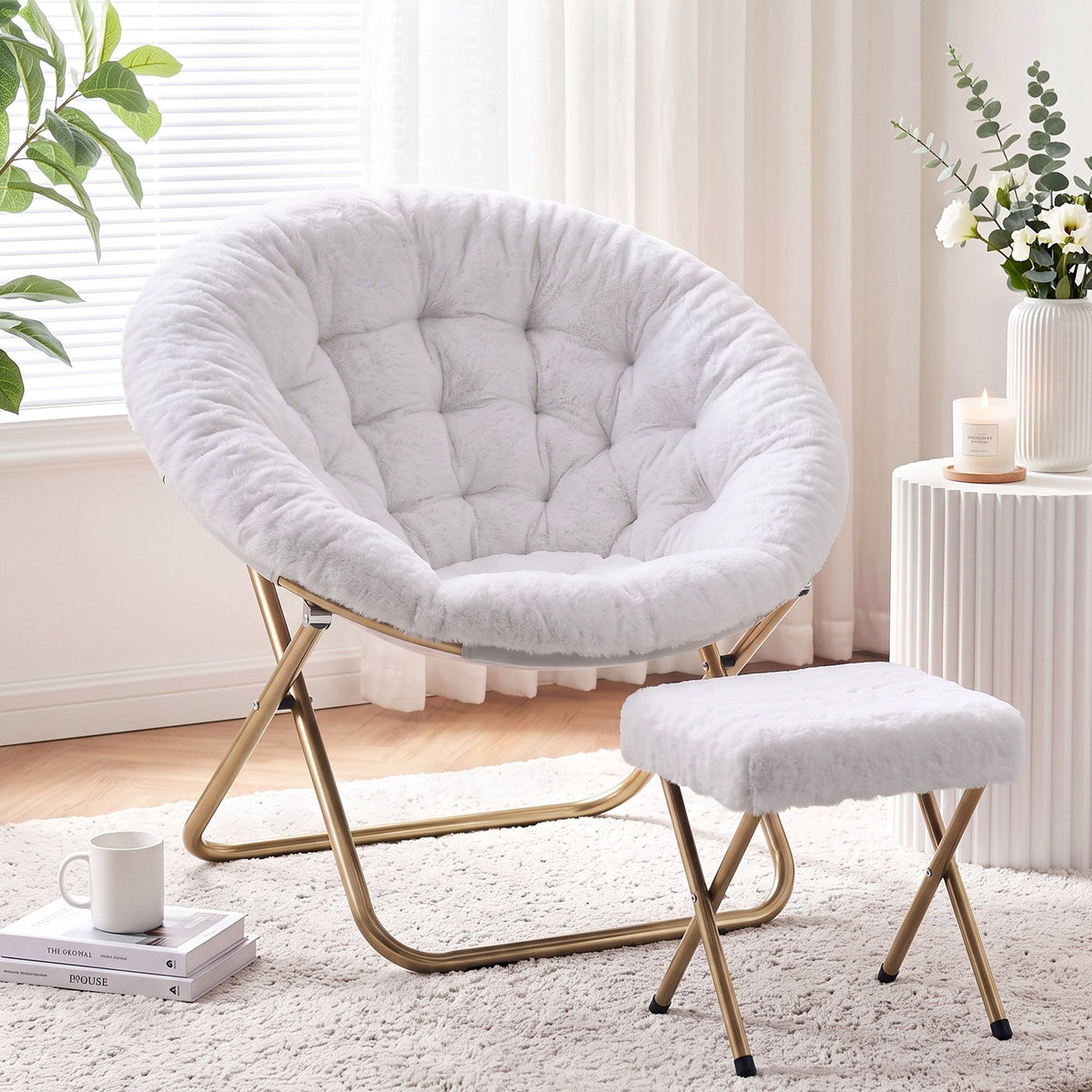 Artiss Comfy Saucer Chair Soft Faux Fur Foldable Accent Chair with Ottoman White Awezingly