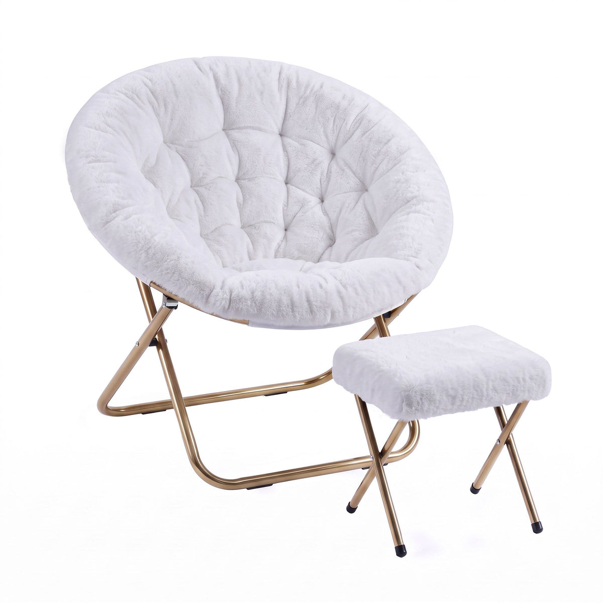 Artiss Comfy Saucer Chair Soft Faux Fur Foldable Accent Chair with Ottoman White Awezingly
