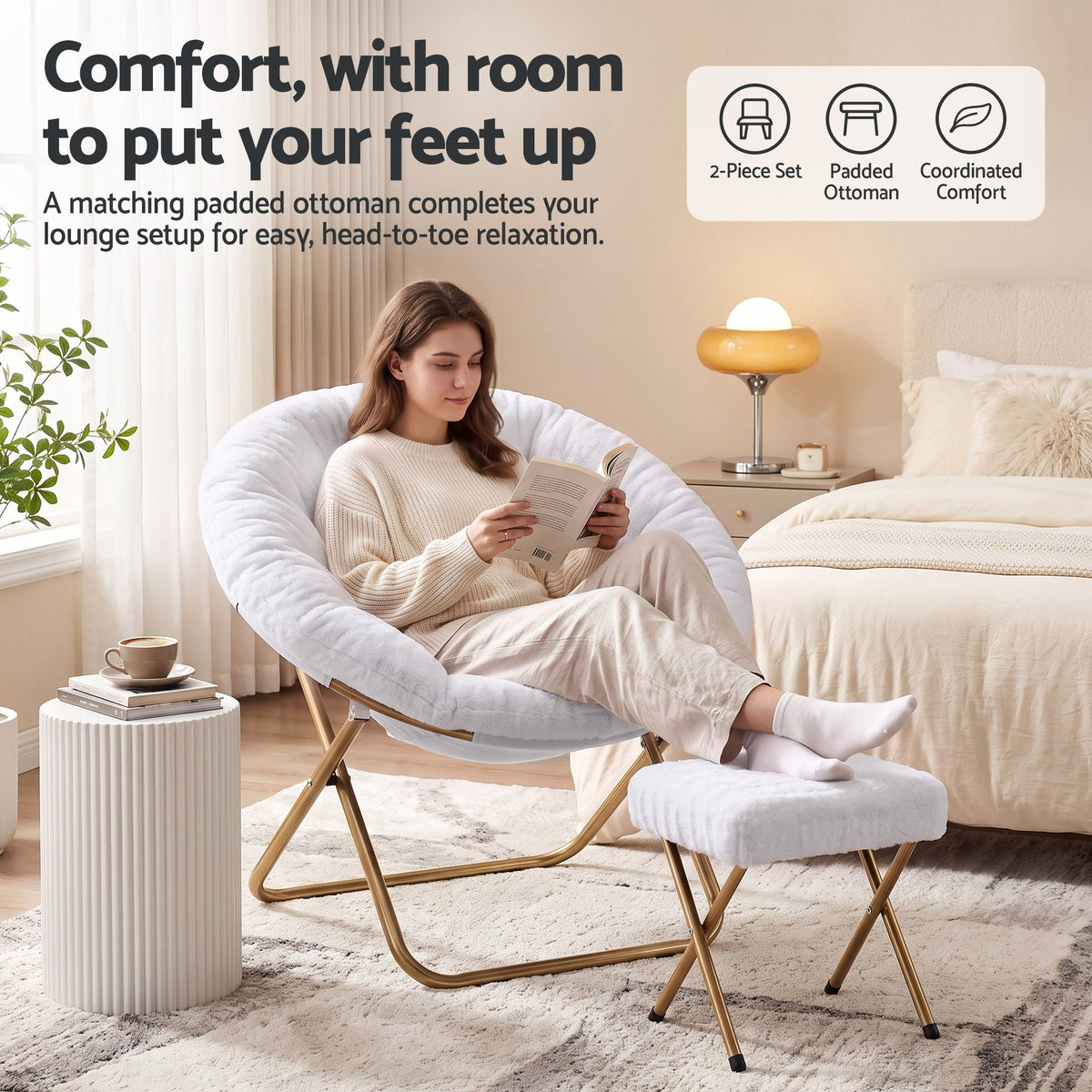 Artiss Comfy Saucer Chair Soft Faux Fur Foldable Accent Chair with Ottoman White Awezingly