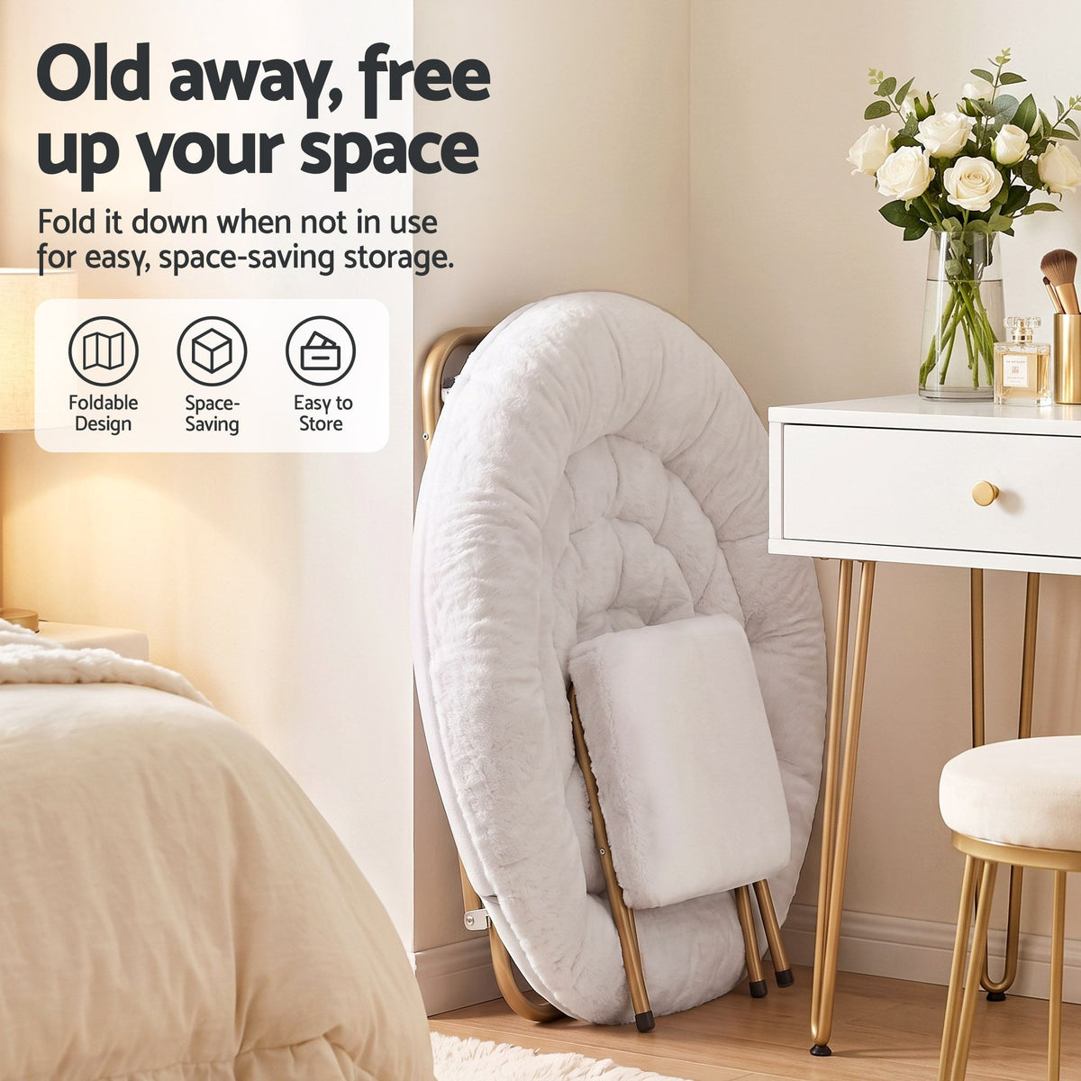 Artiss Comfy Saucer Chair Soft Faux Fur Foldable Accent Chair with Ottoman White Awezingly