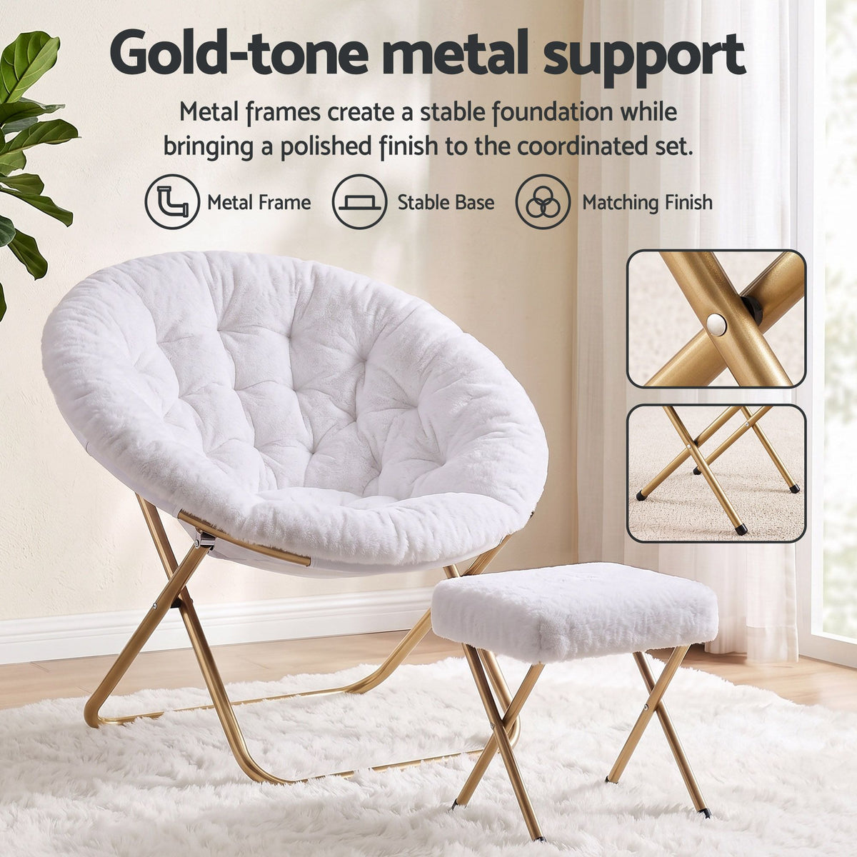 Artiss Comfy Saucer Chair Soft Faux Fur Foldable Accent Chair with Ottoman White Awezingly