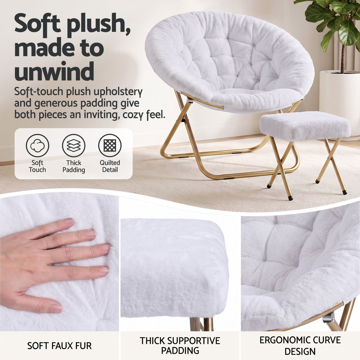 Artiss Comfy Saucer Chair Soft Faux Fur Foldable Accent Chair with Ottoman White Artiss