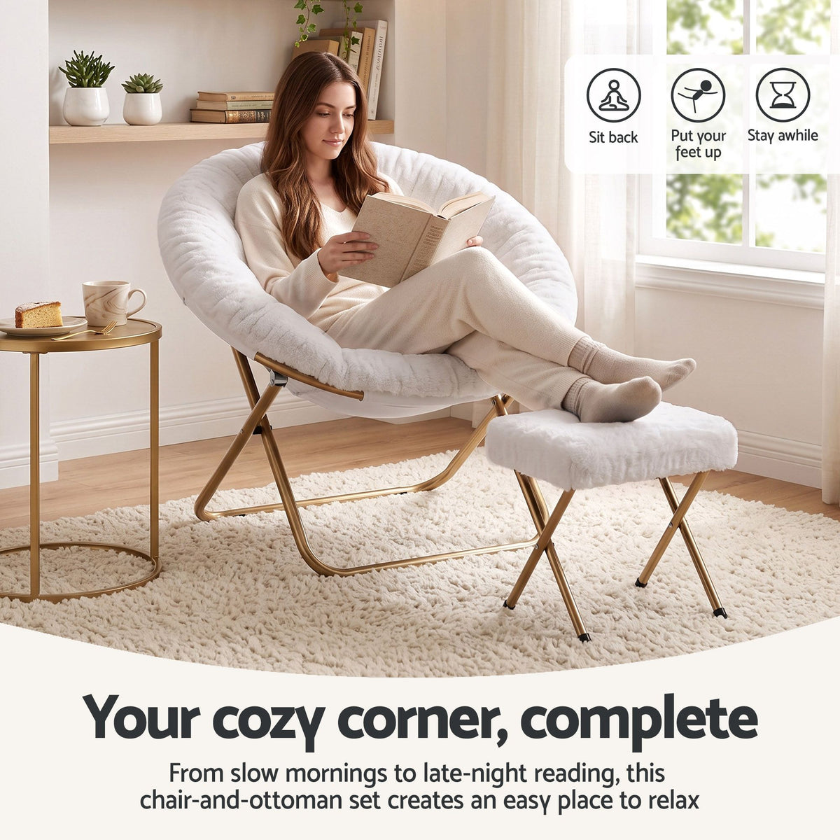 Artiss Comfy Saucer Chair Soft Faux Fur Foldable Accent Chair with Ottoman White Artiss
