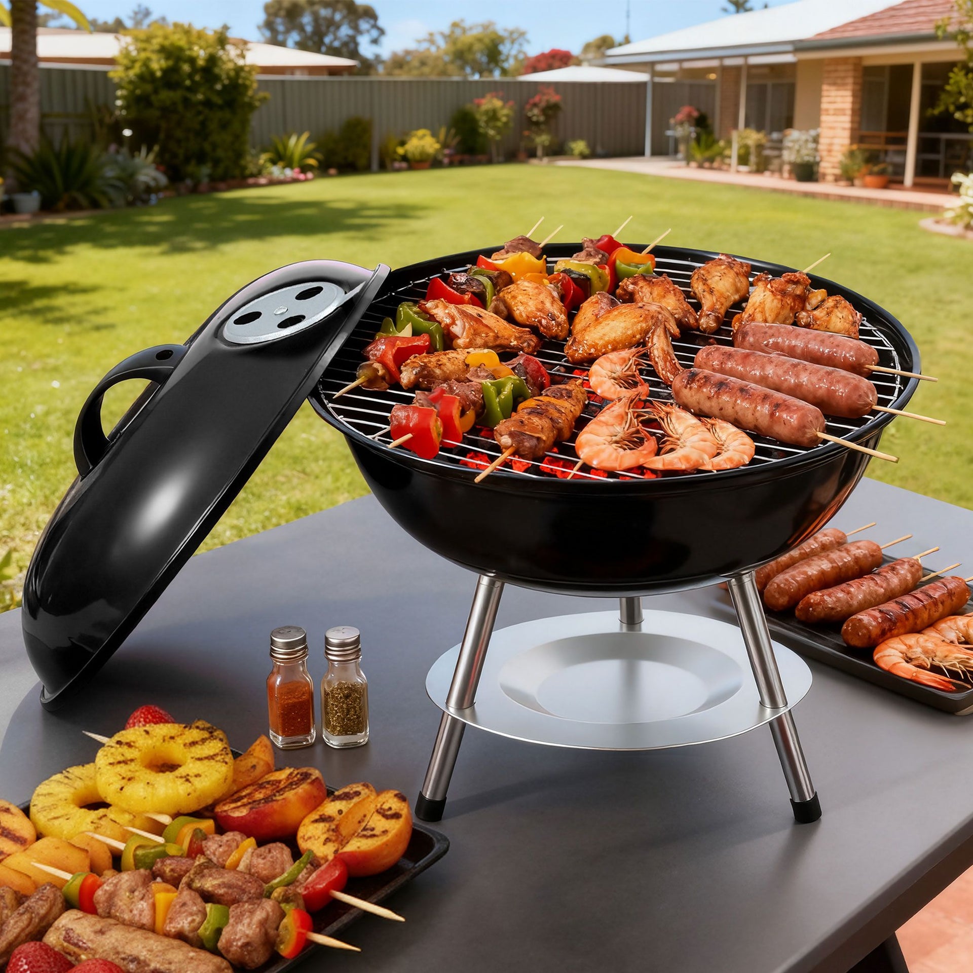 Grillz Charcoal BBQ Grill Portable with Lid for Camping Outdoor Awezingly