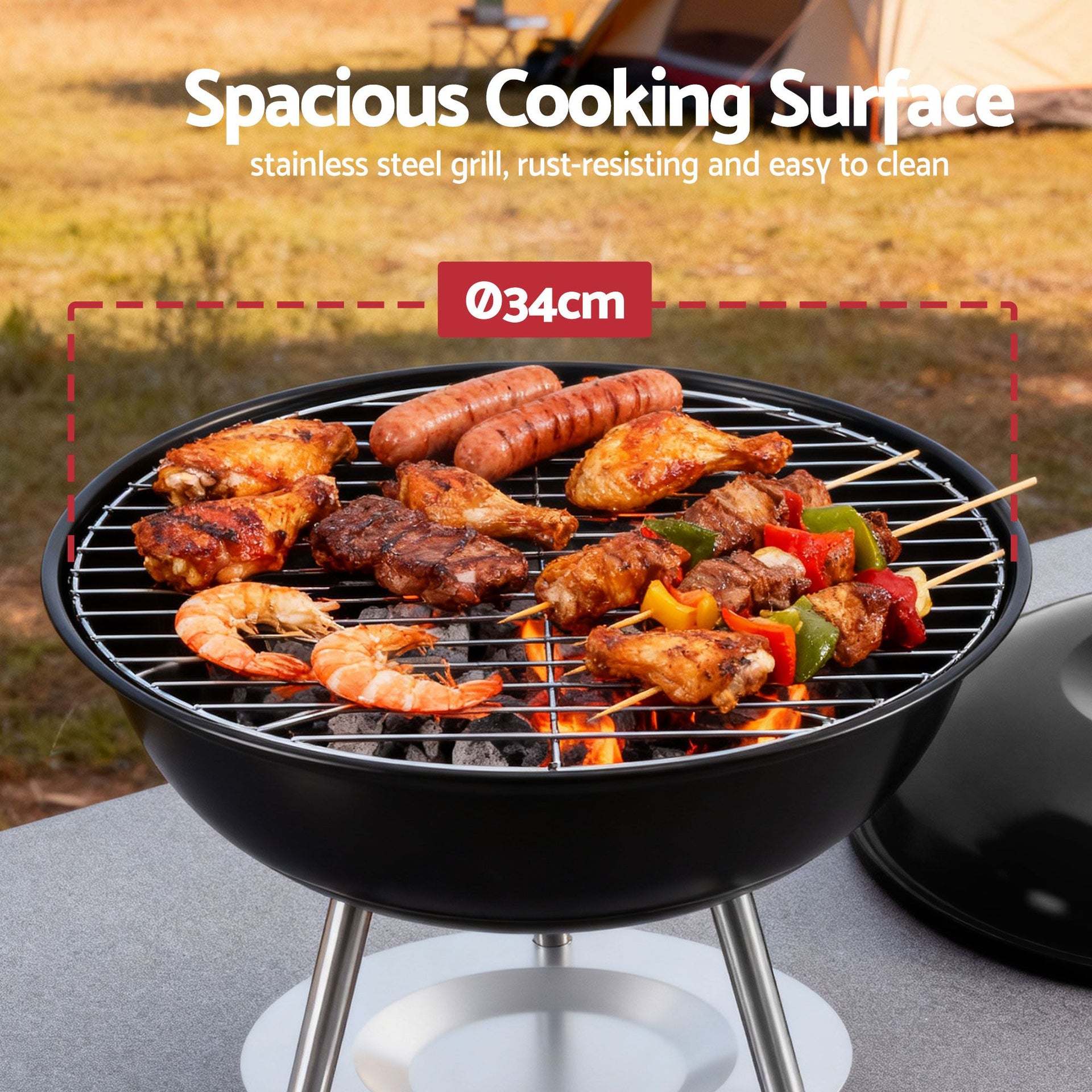 Grillz Charcoal BBQ Grill Portable with Lid for Camping Outdoor Awezingly
