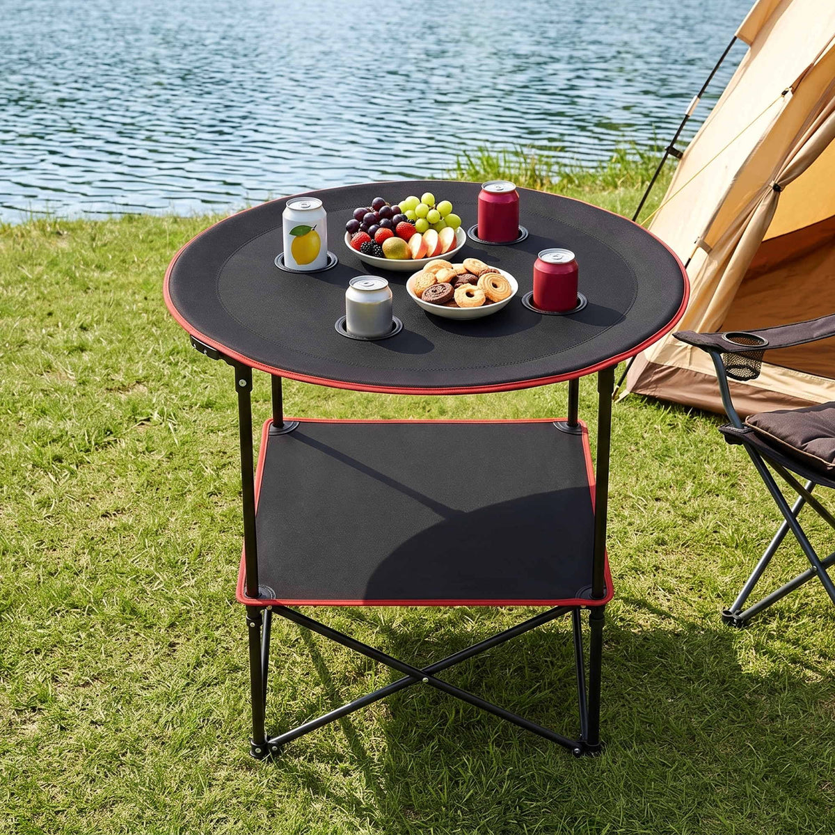 Weisshorn Folding Camping Table with 4 Cup Holders Metal Oxford 73CM Black Weisshorn
