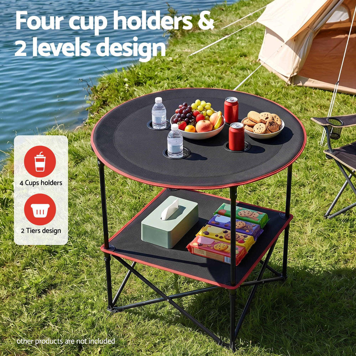Weisshorn Folding Camping Table with 4 Cup Holders Metal Oxford 73CM Black Weisshorn