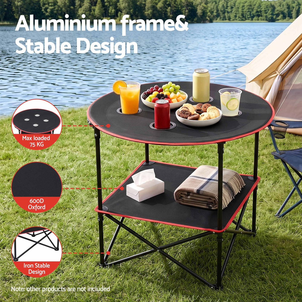 Weisshorn Folding Camping Table with 4 Cup Holders Metal Oxford 73CM Black Weisshorn