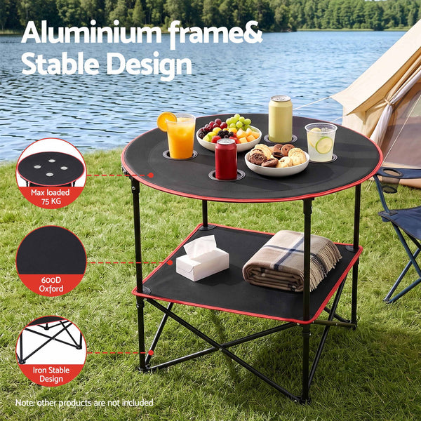 Weisshorn Folding Camping Table with 4 Cup Holders Metal Oxford 73CM Black Weisshorn