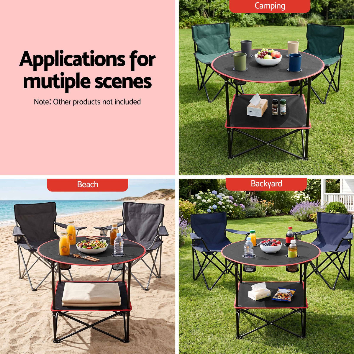 Weisshorn Folding Camping Table with 4 Cup Holders Metal Oxford 73CM Black Weisshorn