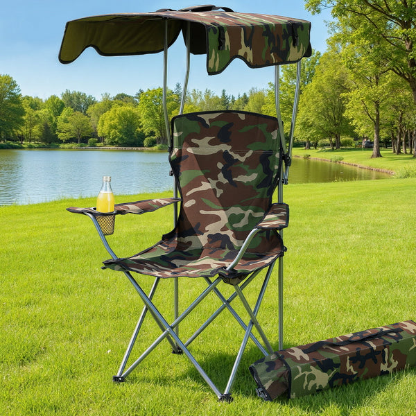 Weisshorn Camping Chair With Canopy Folding Outdoor Portable Seat Lightweight Beach Picnic Fishing Capacity 120KG Army Green Awezingly