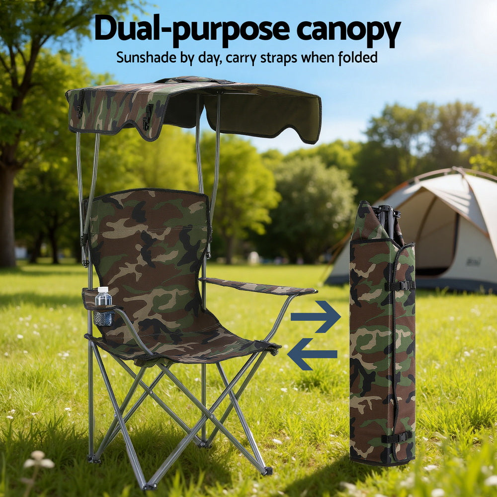 Weisshorn Camping Chair With Canopy Folding Outdoor Portable Seat Lightweight Beach Picnic Fishing Capacity 120KG Army Green Awezingly