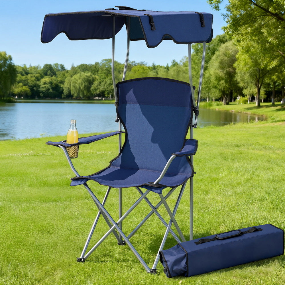 Weisshorn Camping Chair With Canopy Folding Outdoor Portable Seat Lightweight Beach Picnic Fishing Capacity 120KG Navy Blue Awezingly
