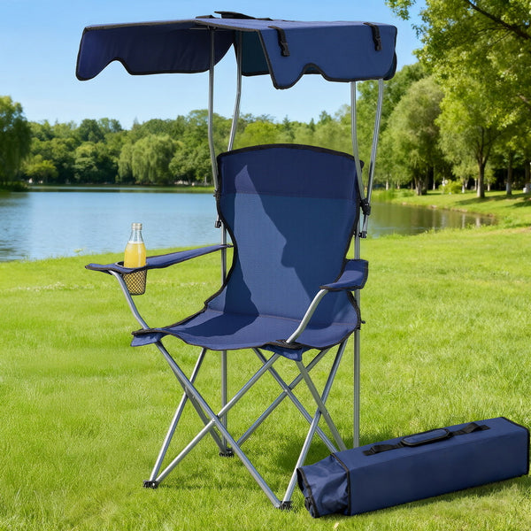 Weisshorn Camping Chair With Canopy Folding Outdoor Portable Seat Lightweight Beach Picnic Fishing Capacity 120KG Navy Blue Awezingly