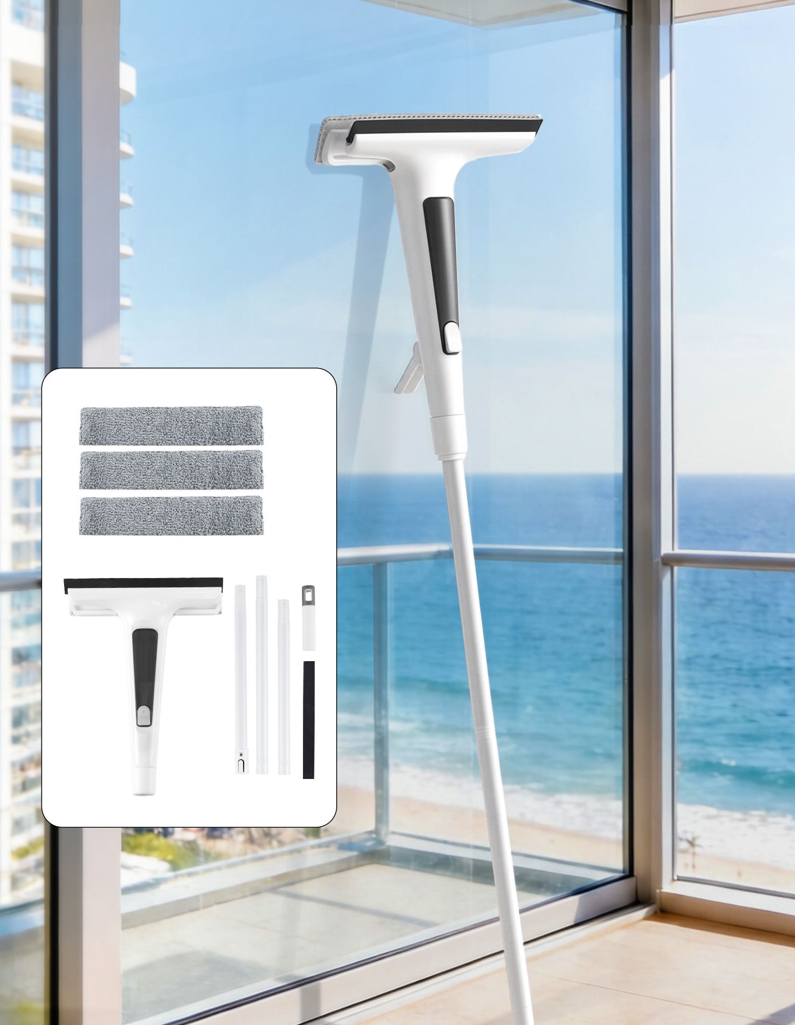 Giantz Window Cleaner Mirror Car, Spray Scrub Squeegee 136cm Extendable Long Handle with Water Tank 3 Microfiber Pads, Glass Scrubber for High Windows Home Car Mirror, White Awezingly