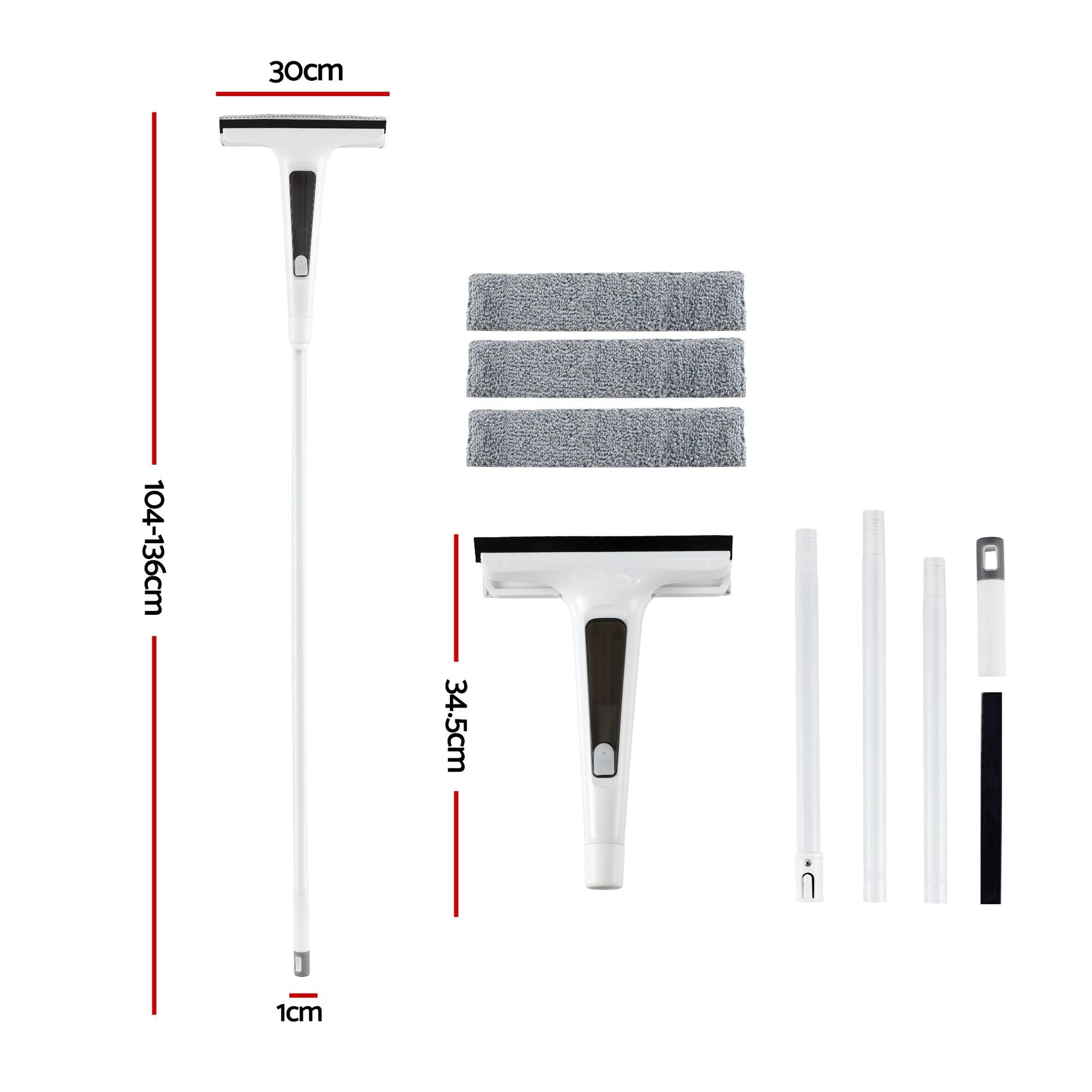Giantz Window Cleaner Mirror Car, Spray Scrub Squeegee 136cm Extendable Long Handle with Water Tank 3 Microfiber Pads, Glass Scrubber for High Windows Home Car Mirror, White Awezingly