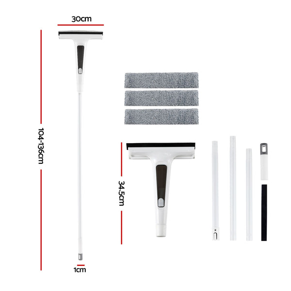 Giantz Window Cleaner Mirror Car, Spray Scrub Squeegee 136cm Extendable Long Handle with Water Tank 3 Microfiber Pads, Glass Scrubber for High Windows Home Car Mirror, White Awezingly