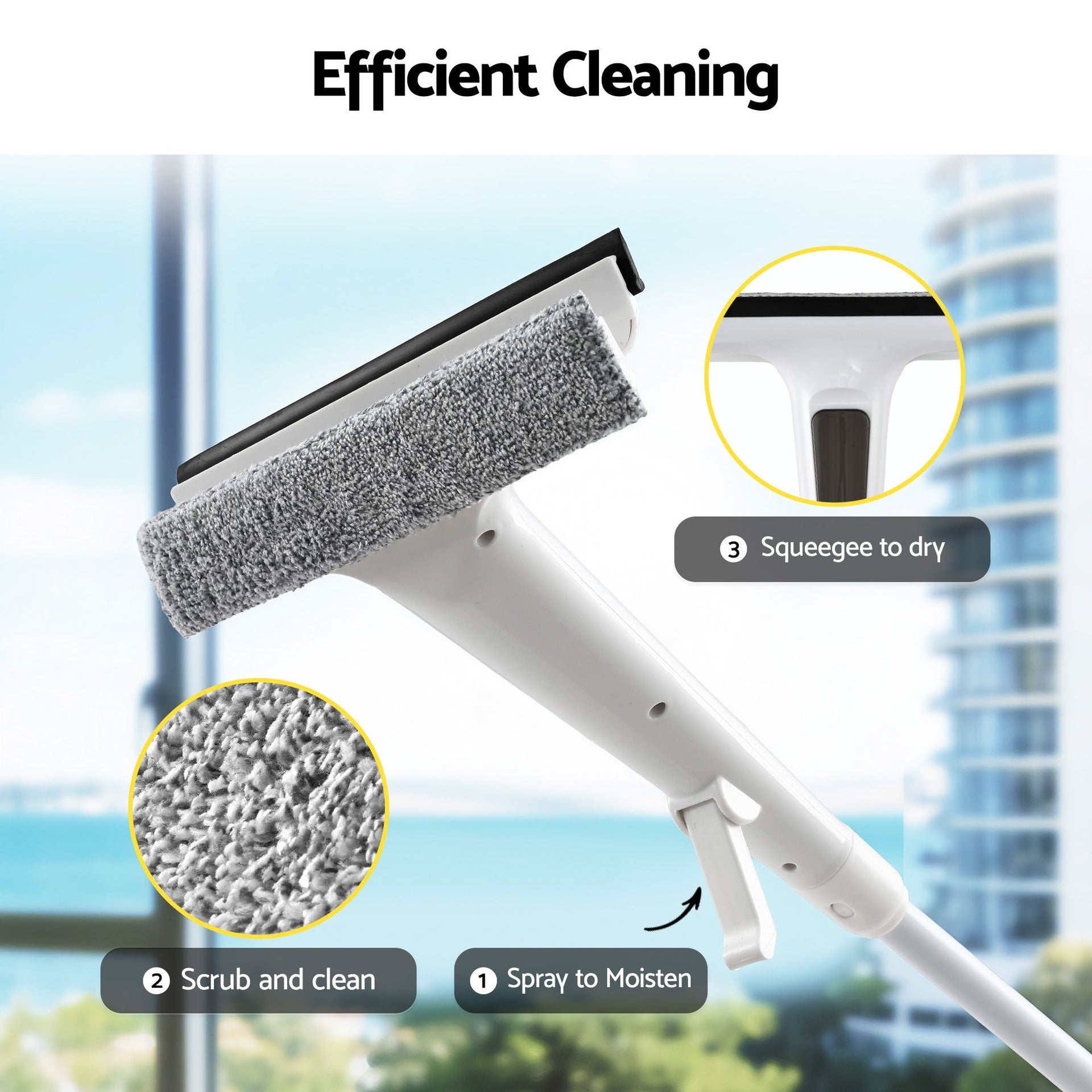 Giantz Window Cleaner Mirror Car, Spray Scrub Squeegee 136cm Extendable Long Handle with Water Tank 3 Microfiber Pads, Glass Scrubber for High Windows Home Car Mirror, White Awezingly